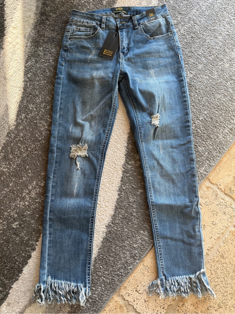 L&B Medium Blue Skinny Jeans with Distressed Knees & Fringe Hem
